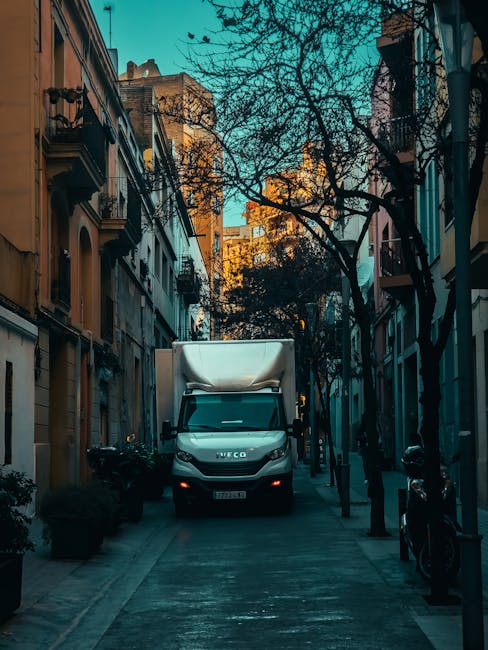 A white delivery van is parked on a narrow street between multi-storey buildings, with the van positioned close to the edge of the pavement. The surrounding buildings feature a mix of brick and plaste